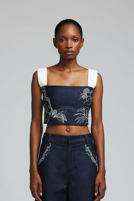 Denim Hand Embroidered Strap Detail Top